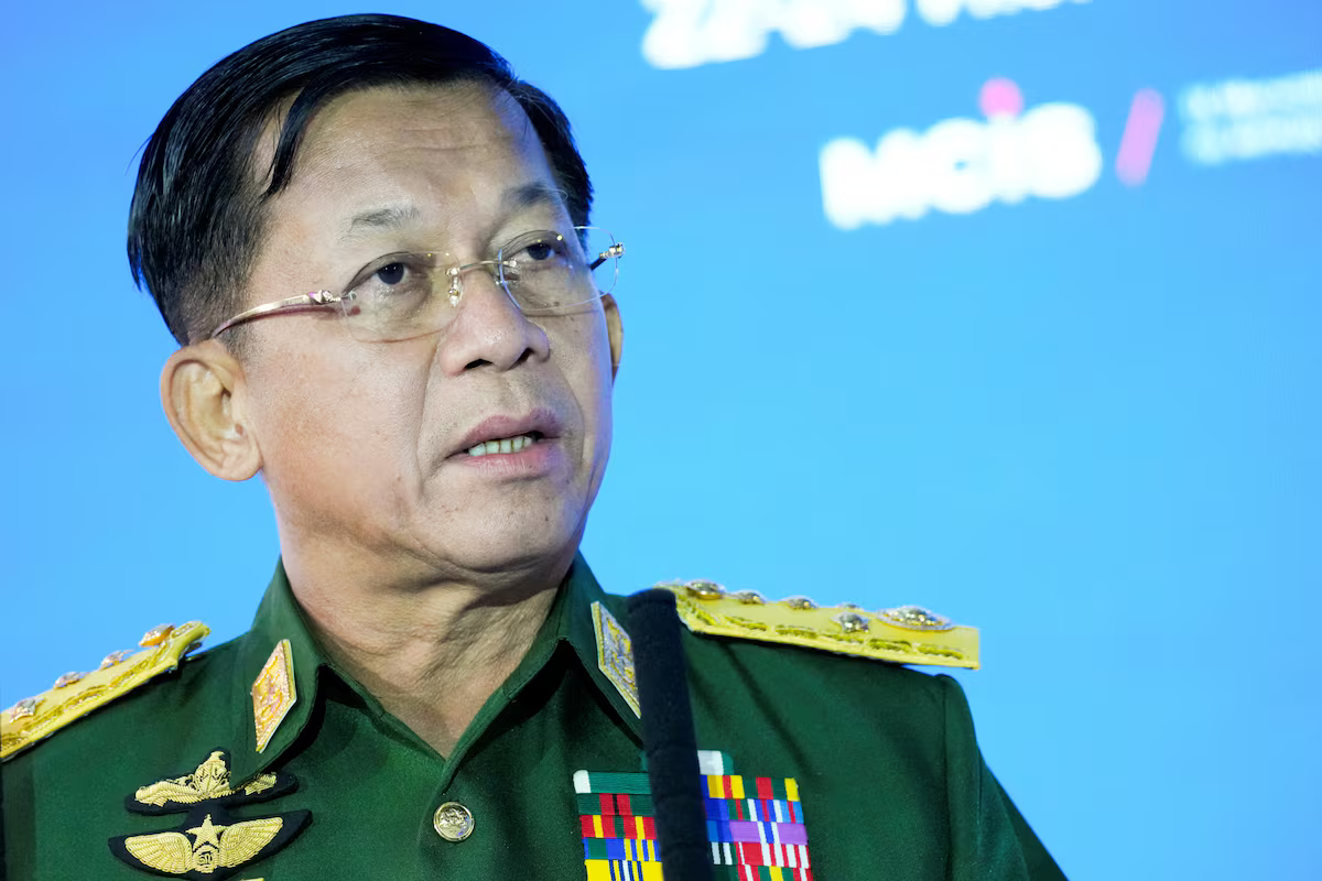 Senior General Min Aung Hlaing speaks at the IX Moscow Conference on International Security in Moscow, Russia on June 21, 2023. (Reuters)