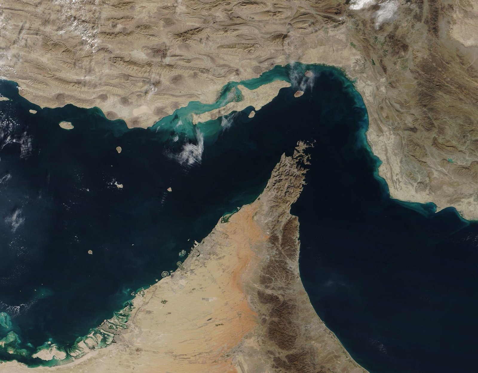 NASA’s Terra satellite captures a true-color image of the Strait of Hormuz, December 2, 2020. (MODIS Land Rapid Response Team, NASA GSFC via Wikimedia)