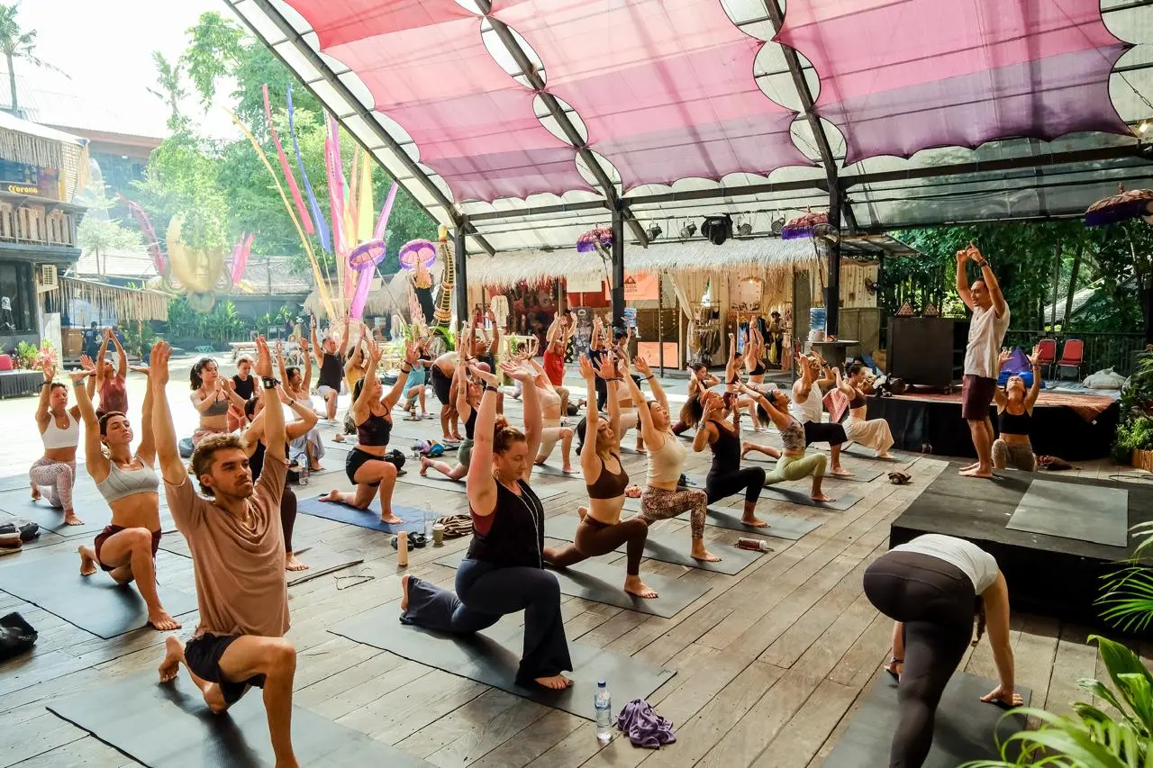 Participants practise yoga during the Bali Spirit Festival at The Yoga Barn in Ubud, Bali. (Kementerian Pariwisata RI)