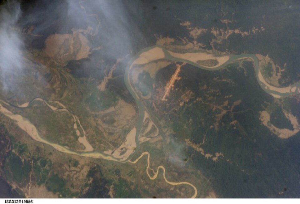 An aerial view of the Homalin settlement and the Chindwin River in the Sagaing Region of Myanmar. (Wikimedia)