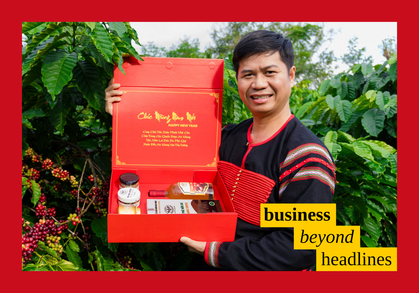 Director of Vương Thành Công Manufacturing and Trading Co., Ltd., standing beside the company’s coffee plantation and coffee products (vidti.org.vn)