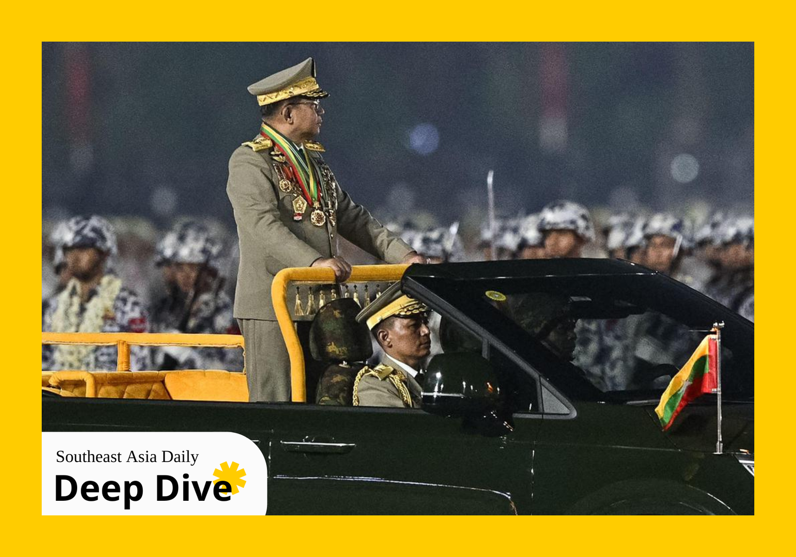 Then-Military Chief Min Aung Hlaing inspects the troops during a ceremony marking Myanmar’s Armed Forces Day in Naypyidaw on March 27, 2026. (AFP)