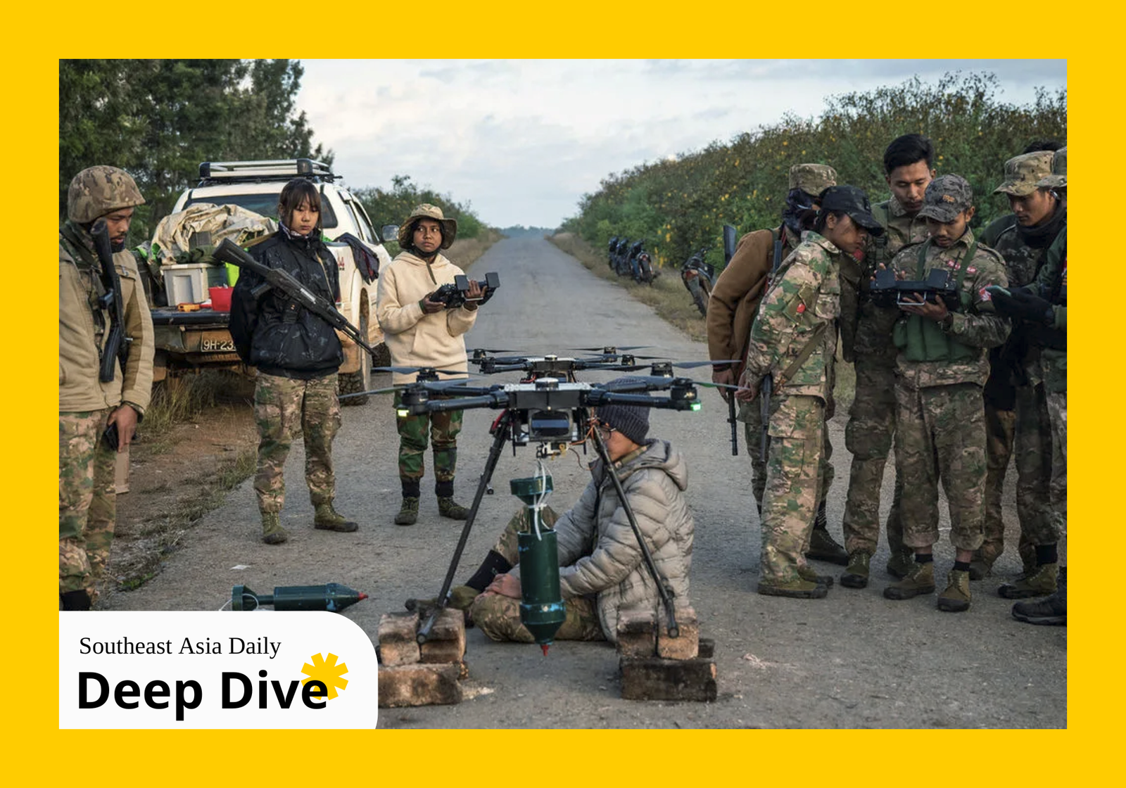 Members of the Mandalay People’s Defence Forces with a UAS in April 2023. (Getty Images)