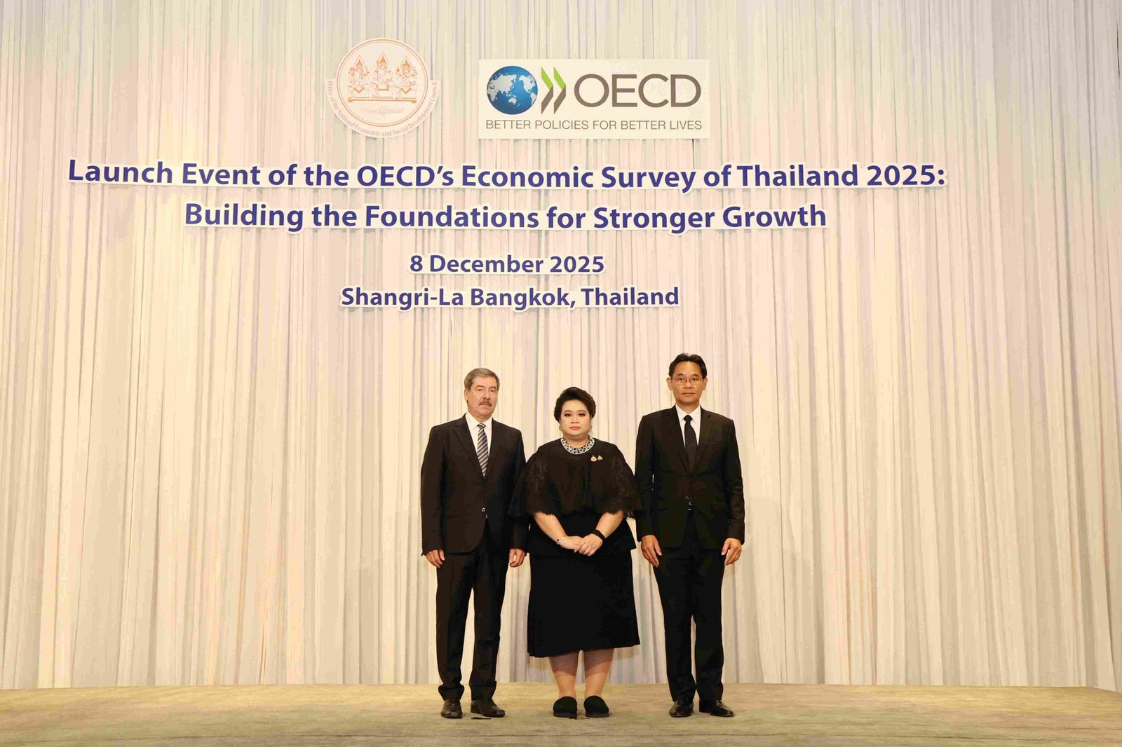 Thailand’s National Economic and Social Development Council and OECD host a seminar to launch the Economic Survey of Thailand 2025 in Bangkok, on December 8, 2025. (National Economic and Social Development Council)