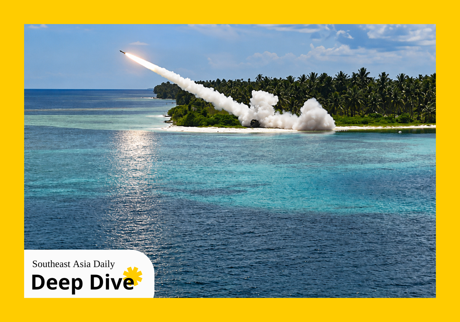 Firing of M28A1 Reduced Range Practice Rocket from an M142 High Mobility Artillery Rocket System (HIMARS) after rolling off a runnymede-class large landing craft during maritime key terrain security operations as part of Balikatan 2026, at Balabac Island, Palawan on May 3, 2026.(US Army/Staff Sgt. Vadim Bolfun)