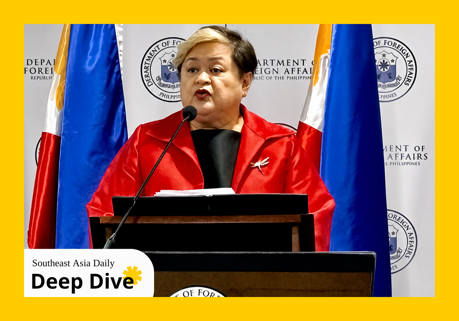 Philippine Foreign Affairs Secretary Theresa Lazaro speaks to the press at the DFA office on the Code of Conduct on South China Sea in Pasay City in July 2025. (PNA)