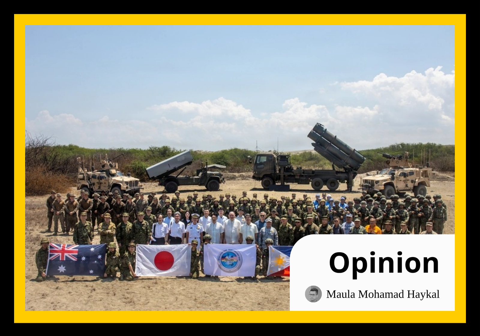 Australian, Japanese, Philippines, and US troops following a joint task force maritime strike event during Exercise Balikatan 2026. (US Marine/Sgt. Jonathan Beauchamp)