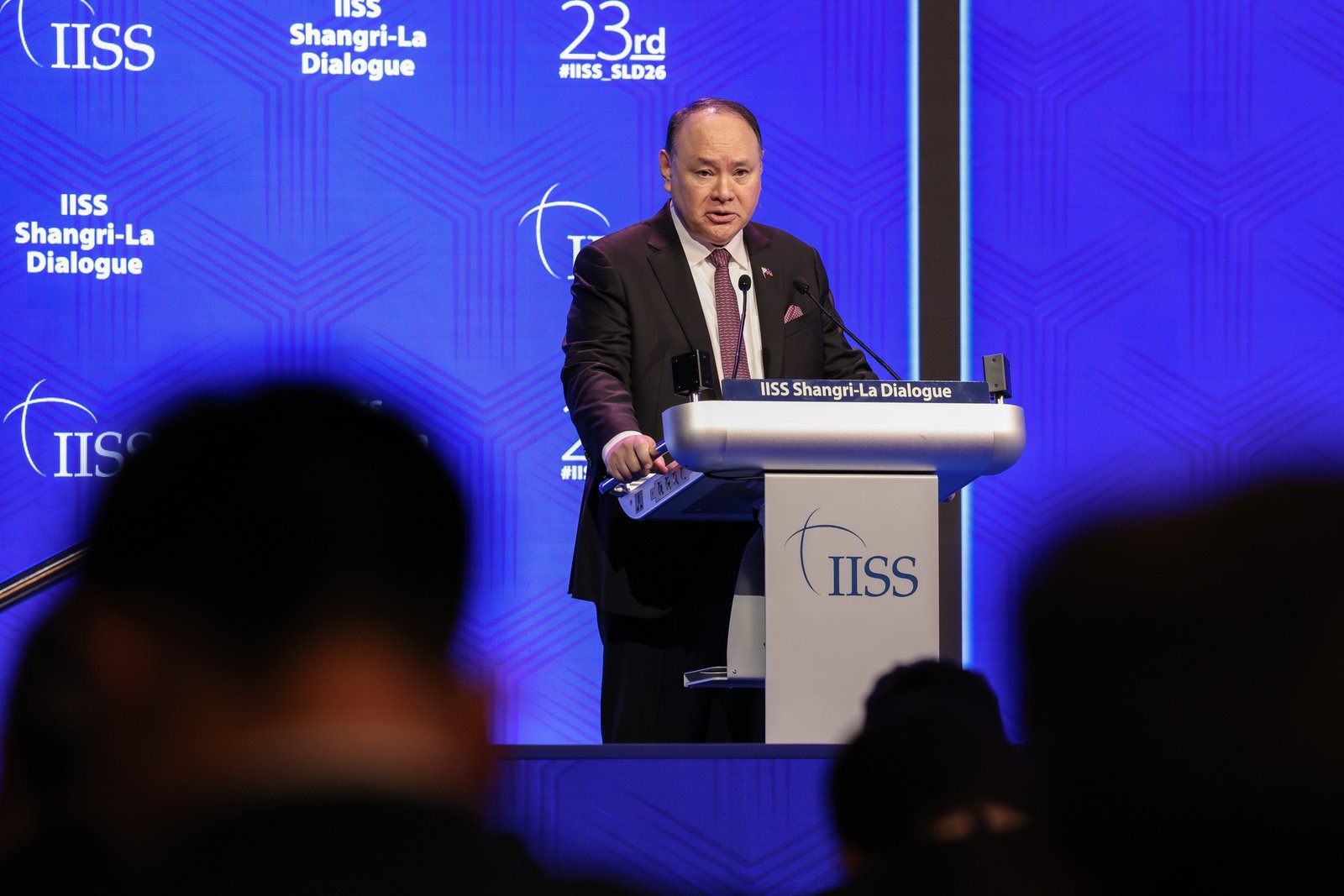 Philippines Defense Minister Gilberto Teodoro speaks during an interview at the IISS Shangri‑La Dialogue in Singapore, May 30, 2026. (Department of National Defense - Philippines)