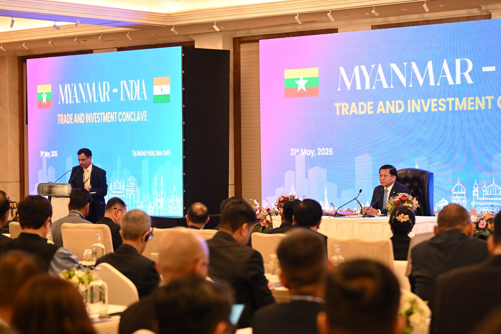 Myanmar President Min Aung Hlaing attending the Myanmar-India Trade and Investment Conclace in New Delhi on May 31. (The Global New Light of Myanmar)
