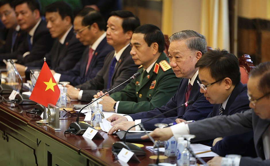 Vietnamese President and Party General Secretary Tô Lâm meets Russian President Vladimir Putin during Russia–Vietnam talks as part of Putin’s state visit to Hanoi. (Office of the President of the Russian Federation)