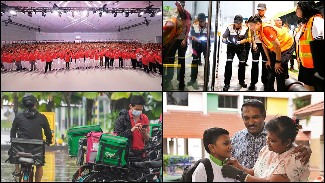 A collage of various National Trades Union Congress (NTUC) initiatives in Singapore in 2025, spanning workplace fairness legislation, platform worker protections, skills upgrading, and worker welfare support. (NTUC)