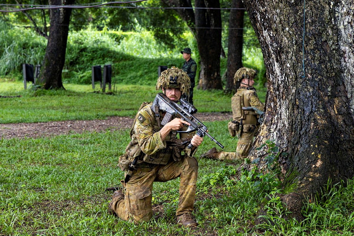 Australian Army’s Rifle Company Butterworth rotation 144 demonstrates harbour occupation with Royal Thai Army troops during Exercise Chapel Gold 2024 in Chiang Rai, Thailand. (CPL Nakia Chapman/Australian Defence Force)