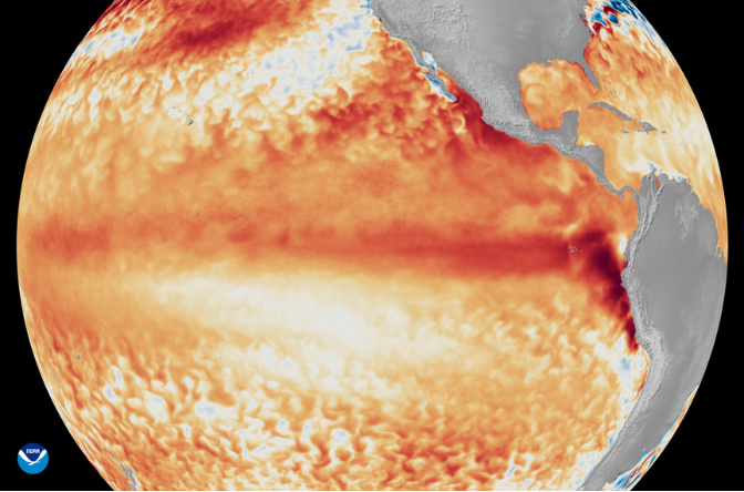Satellite imagery shows above-average sea surface temperatures in the tropical Pacific Ocean during the first week of June 2026, indicating the emergence of a powerful El Niño. (NOAA Satelites)