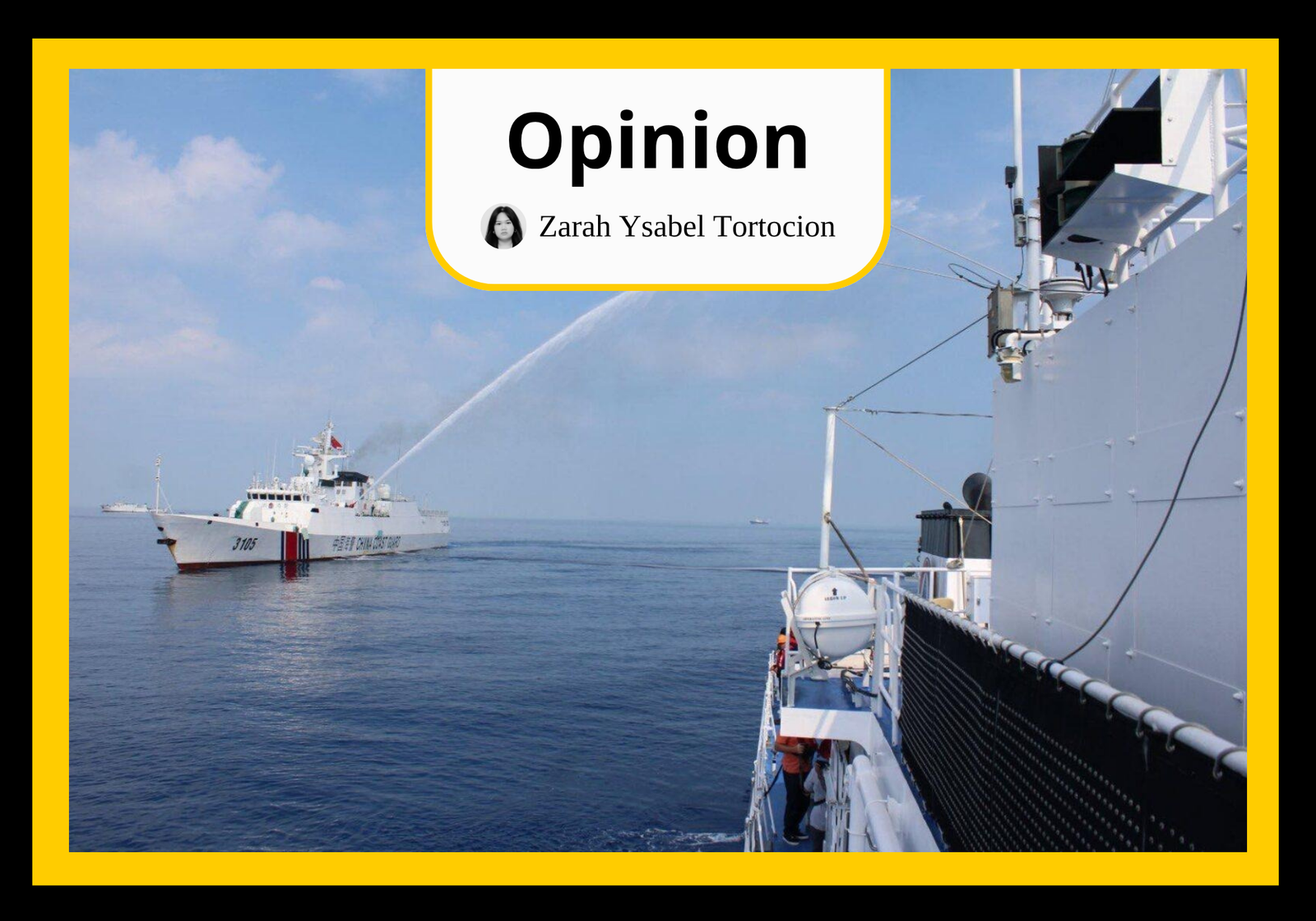 A China Coast Guard vessel fires a water cannon toward a Philippine government ship during a standoff in the West Philippine Sea. The encounter follows a series of maritime confrontations tied to competing territorial claims in the strategic waterway. (Philippine Coast Guard)