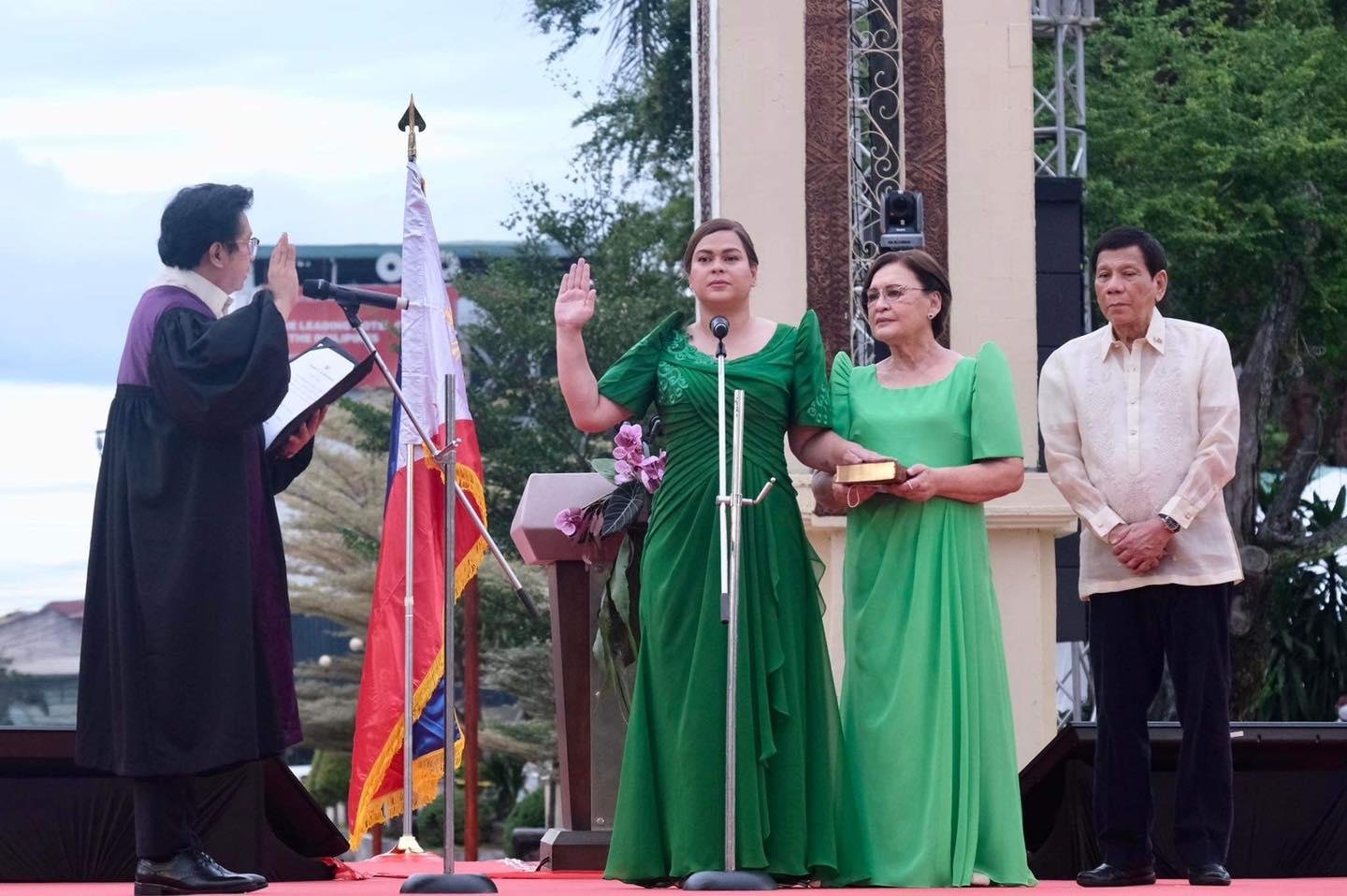 Vice president‑elect Sara Duterte takes her oath at San Pedro Square, Davao City. (City Government of Davao)