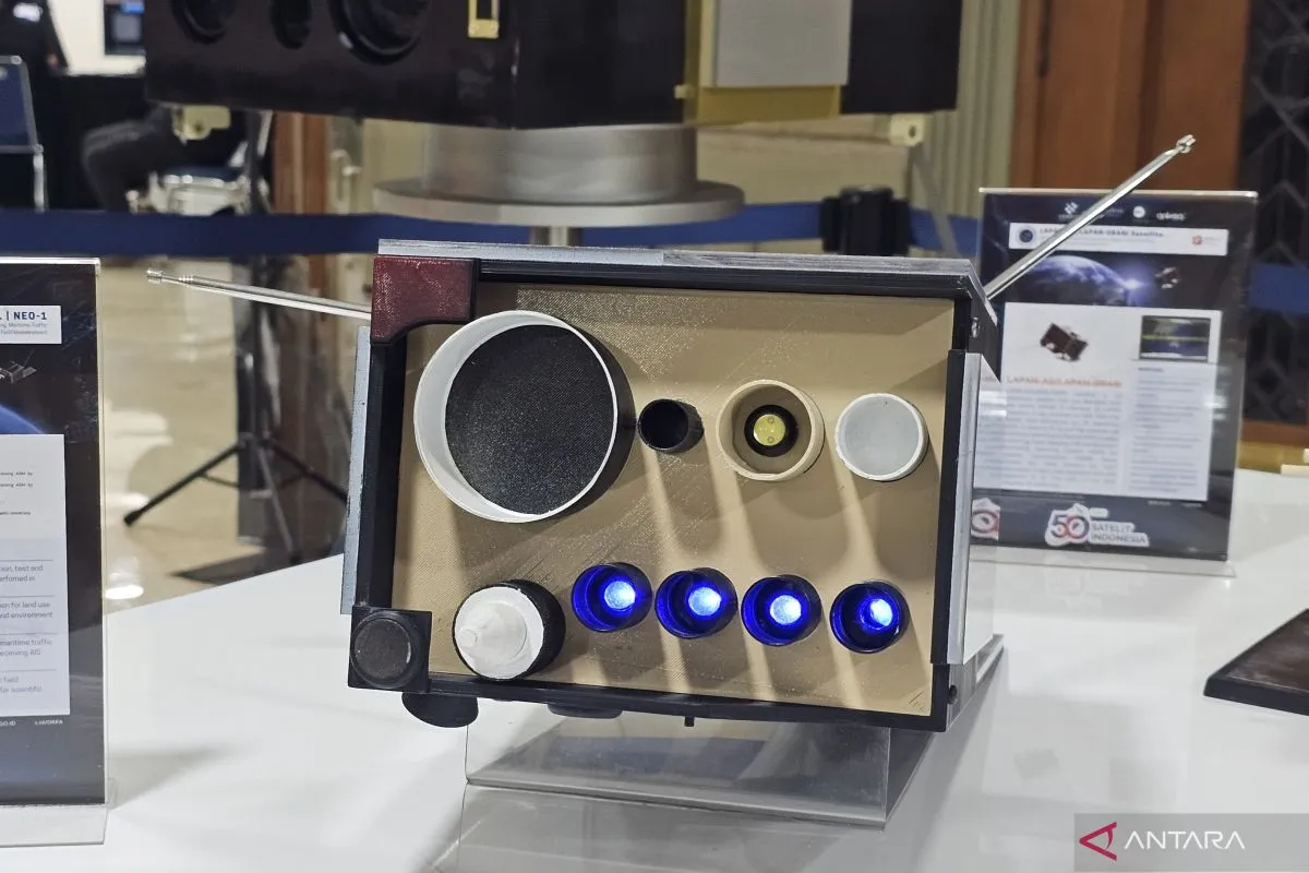 A miniature display of the NEO-1 satellite is showcased at the 50th anniversary of Indonesia's satellite program in Jakarta, Indonesia, on July 8. (ANTARA/Livia Kristianti)