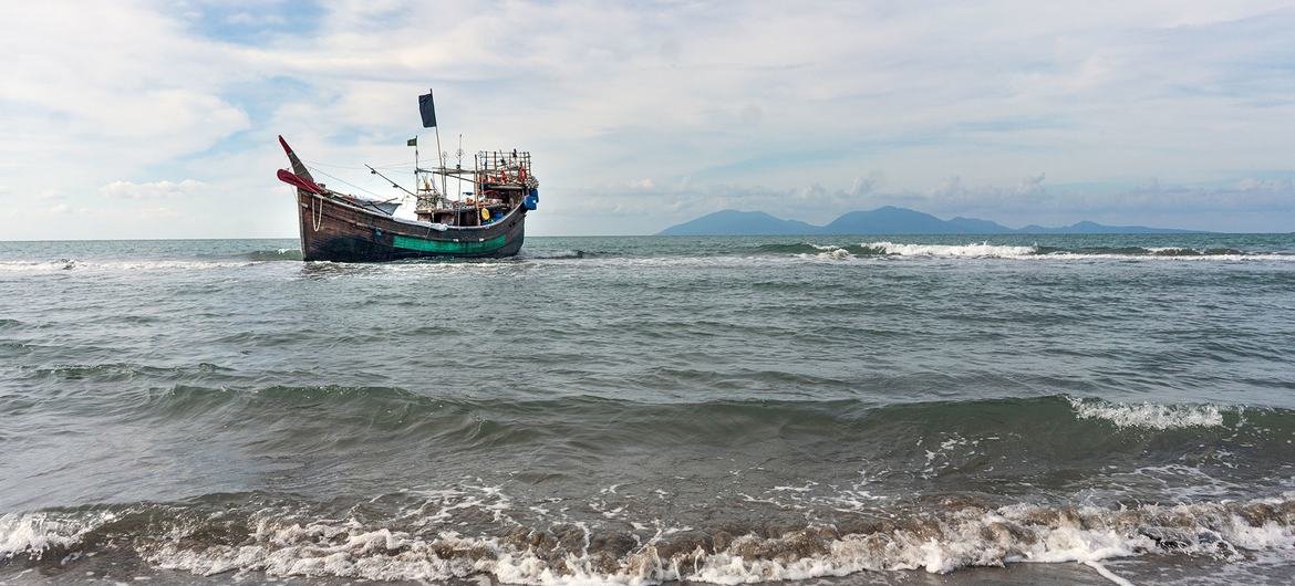 A boat used by Rohingya refugees to cross the Andaman Sea located in the coast of Aceh, Indonesia, after passengers came ashore on January 8, 2023. (UNHCR/Kenzie Eagan)