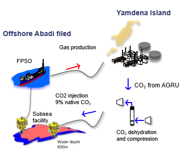 A diagram illustrates the Abadi LNG Project's offshore gas production and CO₂ injection process near Yamdena Island, Indonesia. (INPEX)