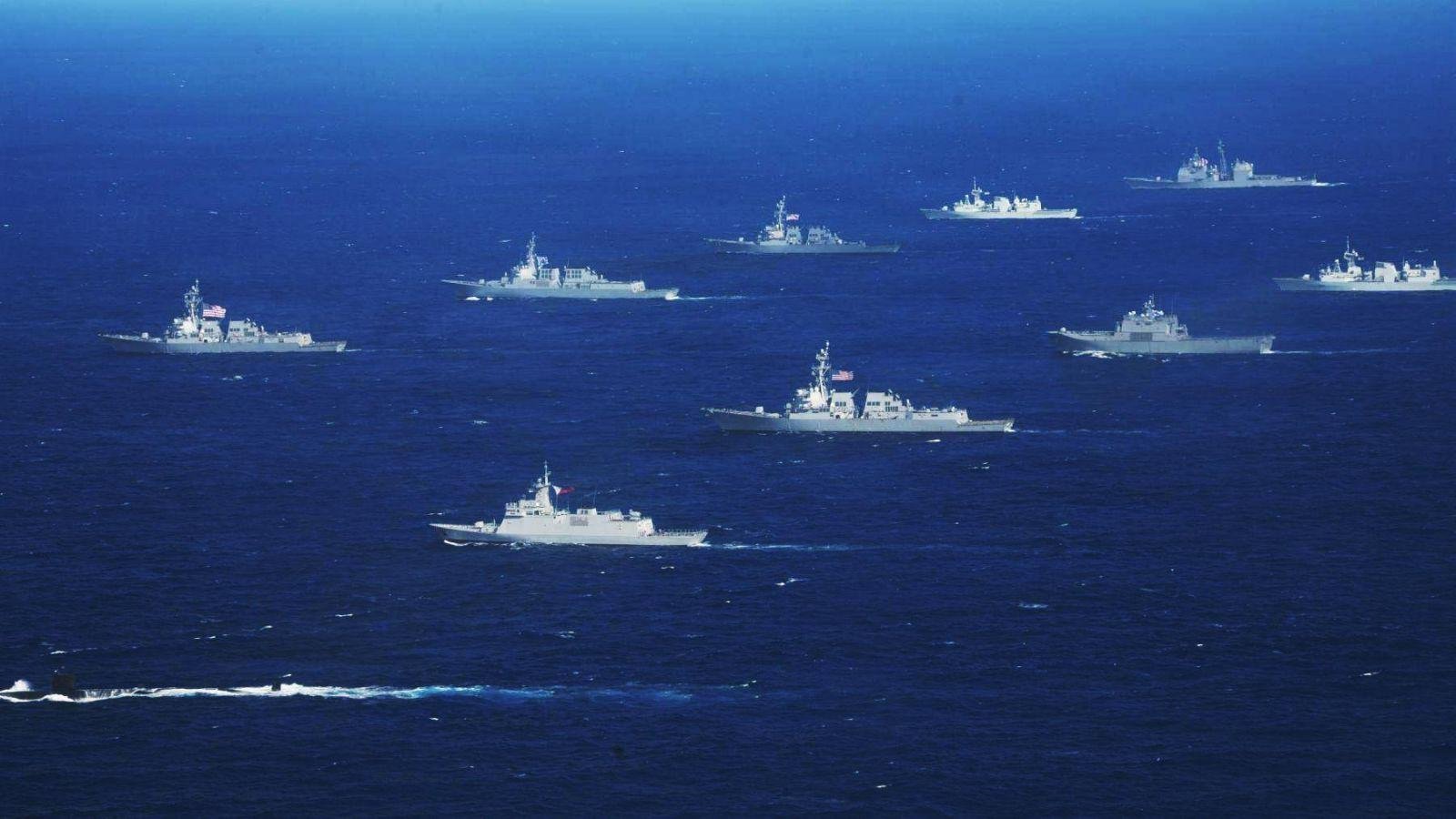 Naval vessels from participating countries sail in formation during the Photograph Exercise (PHOTOEX) at Rim of the Pacific (RIMPAC) Exercise 2026. (Philippine Navy)