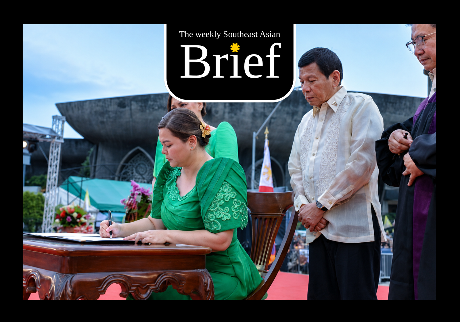 Vice president‑elect Sara Duterte takes her oath at San Pedro Square, Davao City, in 2022. (City Government of Davao) 
