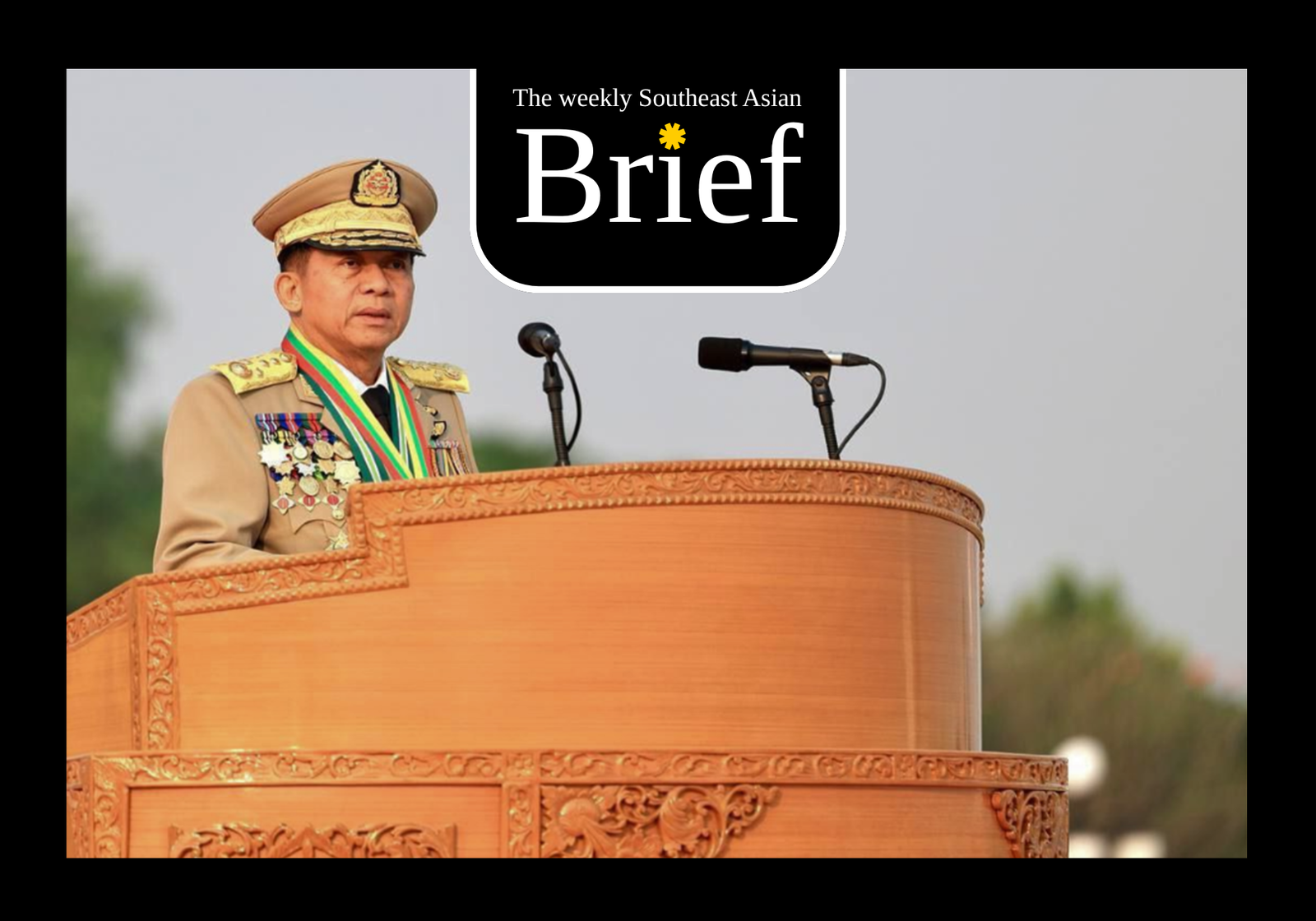 Then-Senior General Min Aung Hlaing delivering his speech during the Parade of 78th Anniversary of Armed Forces Day in March 2023. (Myanmar Government)