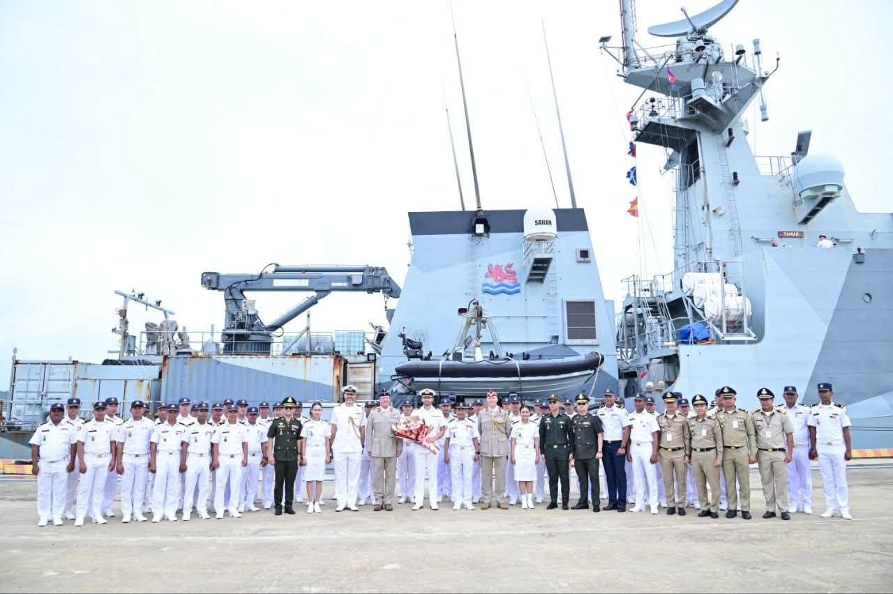 HMS Tamar crew and Cambodian naval personnel gather during the Royal Navy vessel’s visit to Cambodia on August 20. (United Kingdom Mission to ASEAN)