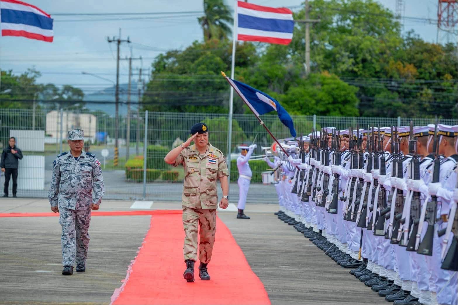 Prime Minister of Thailand Anutin Charnvirakul inspecting an honor guard during his visit to the Royal Thai Navy Aviation Division at U-Tapao in Chonburi province on August 27, 2026. (Royal Thai Navy)