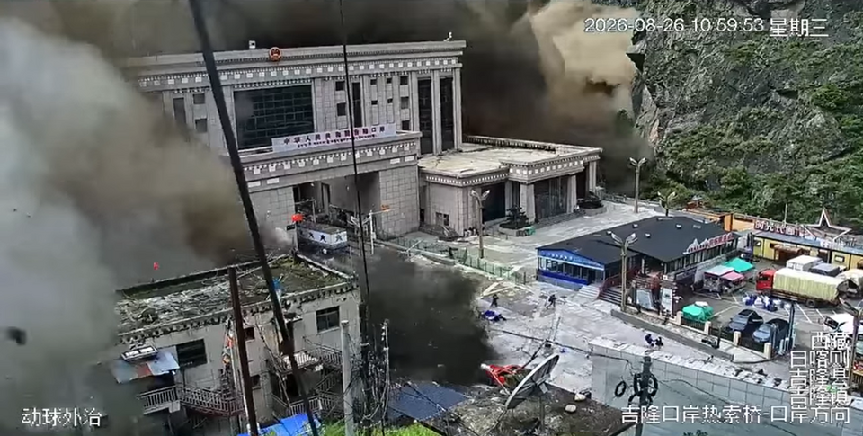 CCTV footage captured 30 seconds into the 2026 Nepal floods at Gyirong Port, looking south downstream. (Wikimedia)