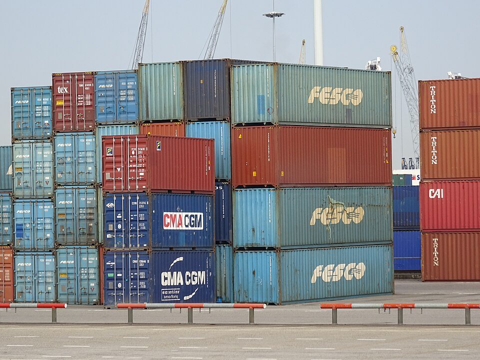 Shipping containers at a port. (Wikimedia)