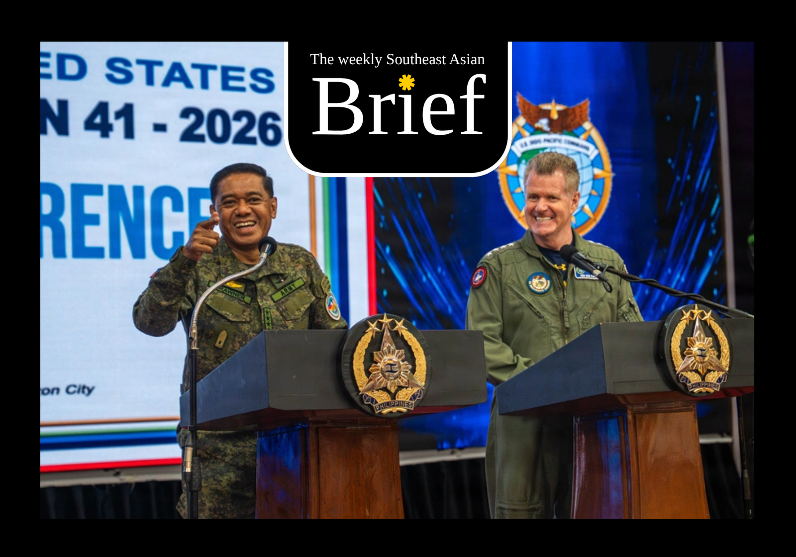 Philippine Army Gen. Romeo S. Brawner Jr., chief of staff of the Armed Forces of the Philippines, left, and U.S. Navy Adm. Samuel J. Paparo Jr., commander of US Indo-Pacific Command, speak at a press conference for the closing of Exercise Balikatan 2026, Camp General Emilio Aguinaldo, Philippines, May 8, 2026. (US Air Force)