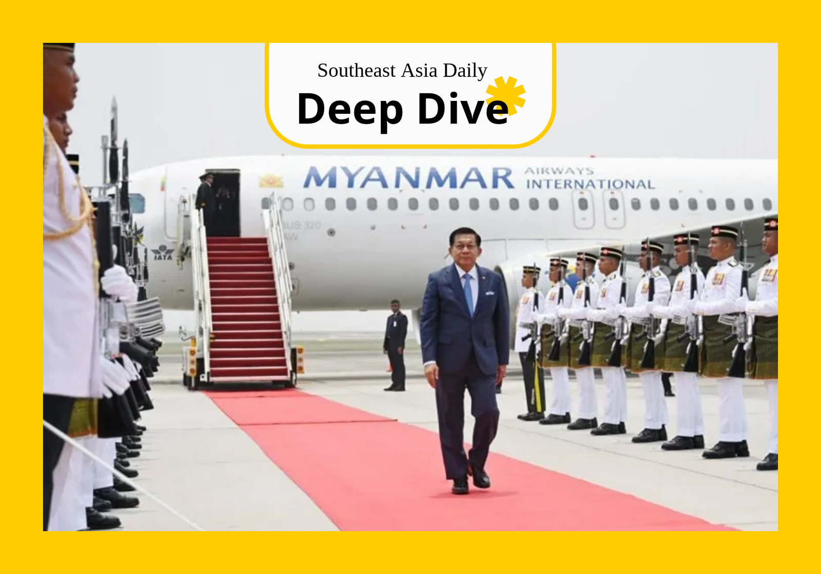 Myanmarese President Min Aung Hlaing arrives at Kuala Lumpur International Airport on October 7. (Myanmarese Presidential Office)