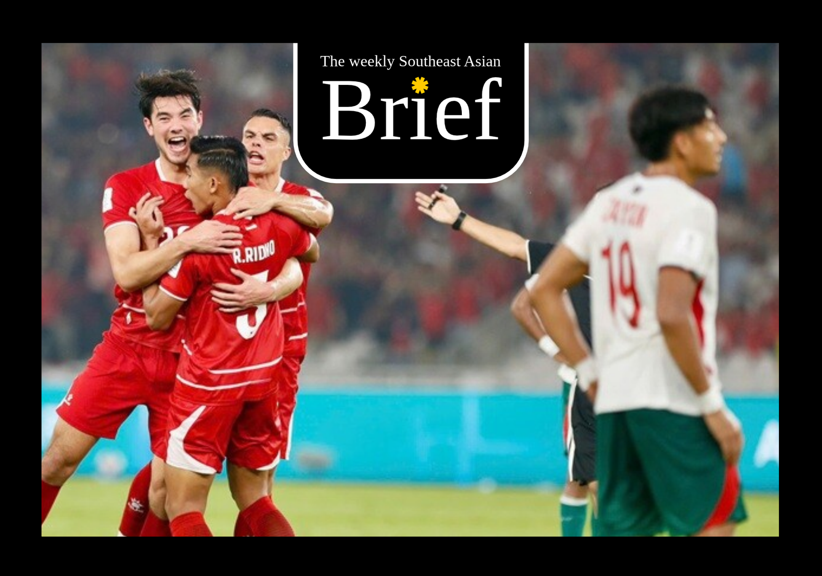 Indonesian players celebrate a goal against Bangladesh in their last group stage match that they won by 9-2. (FIFA ASEAN Cup 2026)